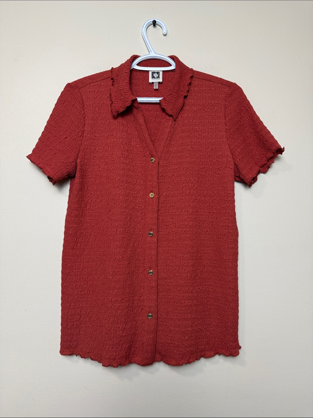 Anne Klein Brick Red Textured Button-Down Short Sleeve Top size S